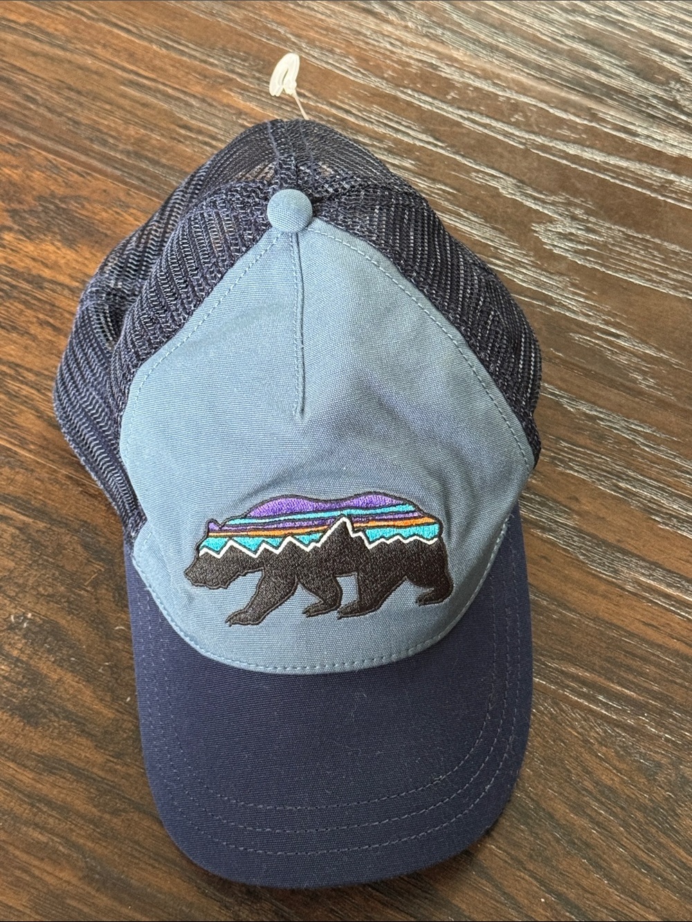 Patagonia Two-Tone Bear Patch Mesh Trucker Hat - Light Blue & Navy